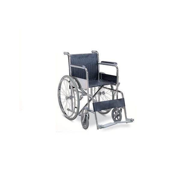 steel wheelchair with fixed armrests and footrests